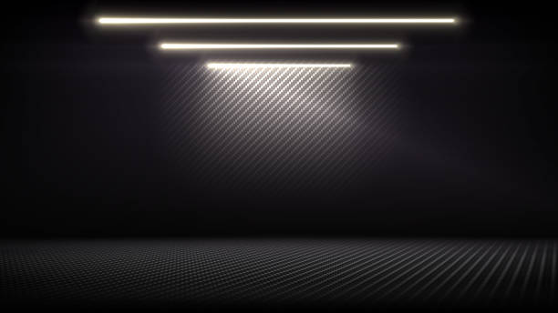 istock Studio interior with carbon fiber texture. Modern carbon fiber textured black interior with light. Dark background for mounting, product placement. Vector mockup, background, template 2181863896