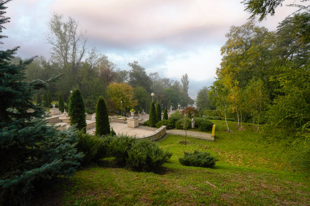 Chisinau, Moldova. October 25, 2024.  panoramic view of the Cascade Stairs the city center on a foggy morning day