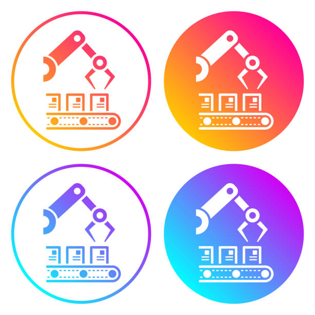 Robotic arm on production line. Round icons with color gradients Icons of "Robotic arm on production line" on round buttons with color gradients. Four icon versions included in the bundle: - Two colored icons on a white circle button. - Two white icons on a colored circle button. (Colors used for the first gradient: yellow, orange, pink. And for the second gradient: neon blue, purple). Vector Illustration (EPS file, well layered and grouped). Easy to edit, manipulate, resize or colorize. Vector and Jpeg file of different sizes. clip art of assembly line stock illustrations