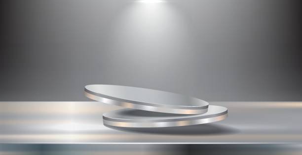 istock Abstract silver cylinder pedestal podium design. Blank empty space room, stage grey. Abstract minimal white empty room concept 3d shape scene products display, Stage showcase presentation 2181869635