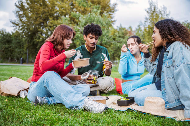 istock four young people having picnic in the park 2181870584