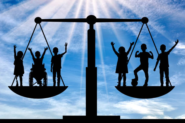 Equality among children, featuring a balanced scale with both disabled and non-disabled kids. Concept importance of equal opportunities and inclusion for all children, regardless of their physical abilities
