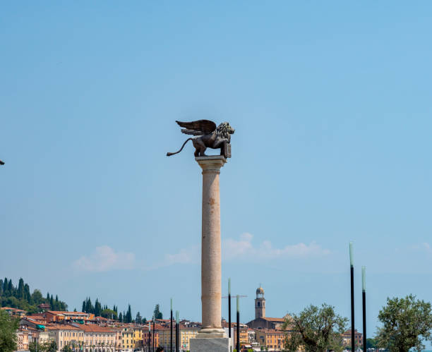 Statue column with the winged lion of St. Mark (San Marco) in Salo at Lake Garda, Italy