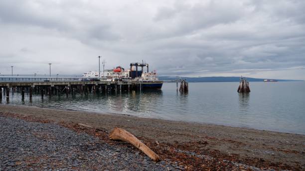 istock Docked ship at pier on a cloudy day 2181878296