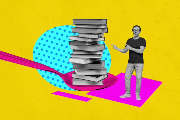 istock Composite creative art collage of happy man academic wear glasses point book stack spoon student food isolated on painted background 2181880483