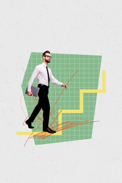 istock Vertical creative art collage of serious businessman walk promotion ladder development path carry laptop isolated on painting background 2181880848