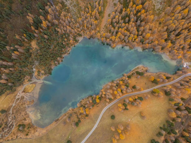 istock Autumn Colors Surrounding a Turquoise Lake from Above 2181881027