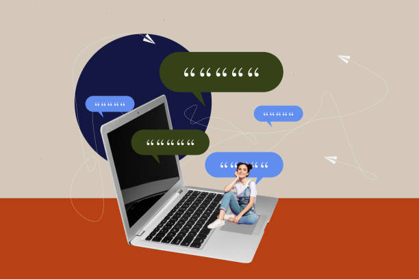istock Composite trend artwork sketch image collage of laptop with chat bubble idea young lady chatting sit huge laptop conversation app message 2181881906