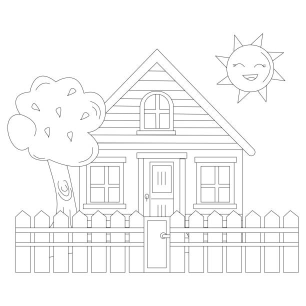 simple house with fence coloring book for kids on white background simple house with fence, tree, and cute sun coloring book, line art design, isolated on white background cartoon of a pole fence designs stock illustrations