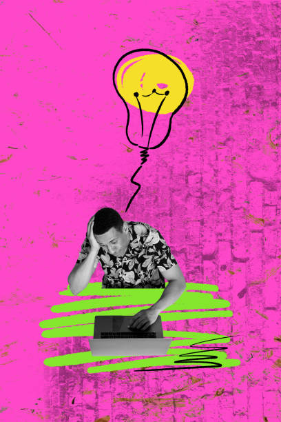 istock Composite trend artwork 3D sketch image photo collage of wall paper young guy student hand hold head laptop brainstorming think idea bulb 2181884378