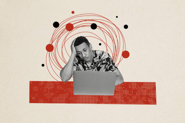 istock Composite trend artwork 3D image photo collage of monochrome young guy worker remote laptop sit headache mess line think mind tired 2181884400
