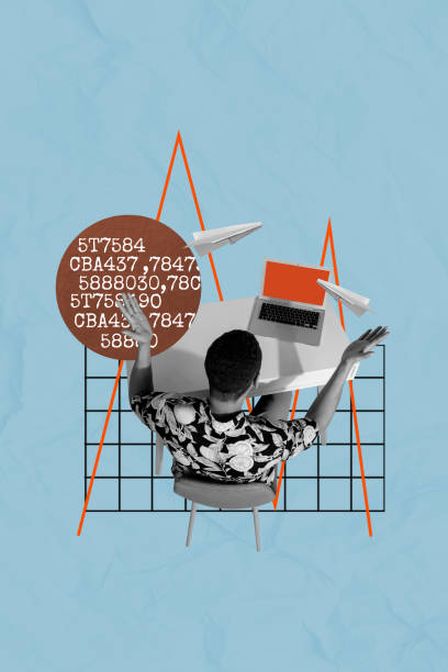 istock Vertical creative art collage of young it master man sit office table laptop graph paper plane code bubble isolated on painting background 2181884421