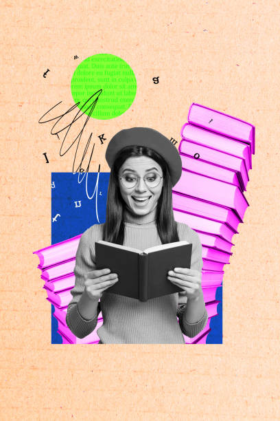 istock Vertical creative art collage of happy girl hold book planner reader hobby education library knowledge isolated on painting background 2181885151