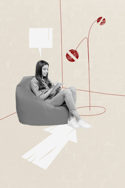 istock Vertical photo collage of happy girl author sit beanbag write notepad bubble arrow pointer sketch room isolated on painted background 2181889187