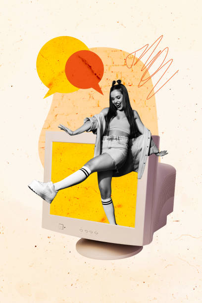 istock Composite trend artwork sketch image collage of copyspace draw speech cloud chatting sms social media young woman walk go display monitor 2181890921