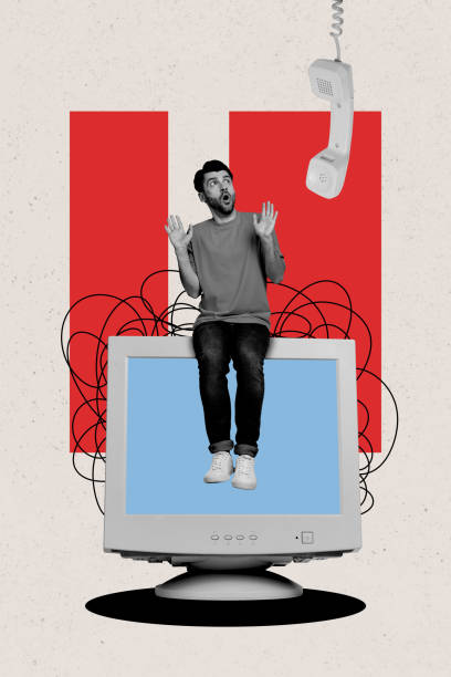 istock Vertical collage young man computer monitor telephone operator landline afraid shocked screen display telephonist helpline 2181891643