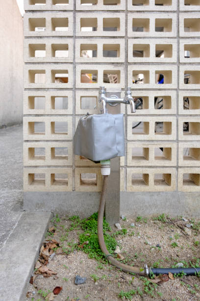 A close-up of an outdoor water faucet mounted on a textured wall with green plants in the foreground.