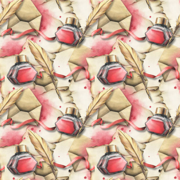 istock For Valentine's Day, seamless pattern with envelopes, papyrus, red ink, pen and ribbons. Hand drawn watercolor illustration. 2181895859