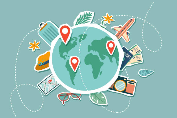 Travel collage Travel collage. Summer vacation banner. Planet Earth with travel dectinations and travel object around. Travel concept. tourism stock illustrations