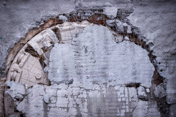 istock Tunnel boring machine(TBM) head on display at subway construction site ,underground infrastructure transportation 2181898328