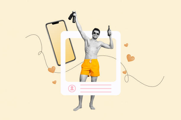 istock Composite artwork collage of app image frame blogger like profile summer vacation young man stand hand hold beer bottle rest phone display 2181898717