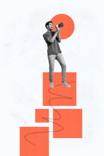 istock Vertical poster collage young man geometric figures announce information proclaim loudspeaker speech talk say scream drawing background 2181898829