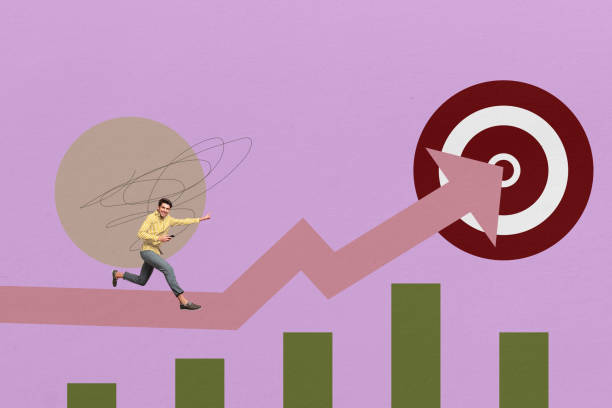 Creative collage young ambitious man run persistence achive goal dream accomplishment reach success dynamic arrow direction charts