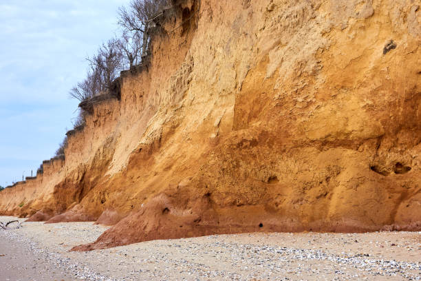 Clay cliff, sandy beach. Coastline of Black Sea