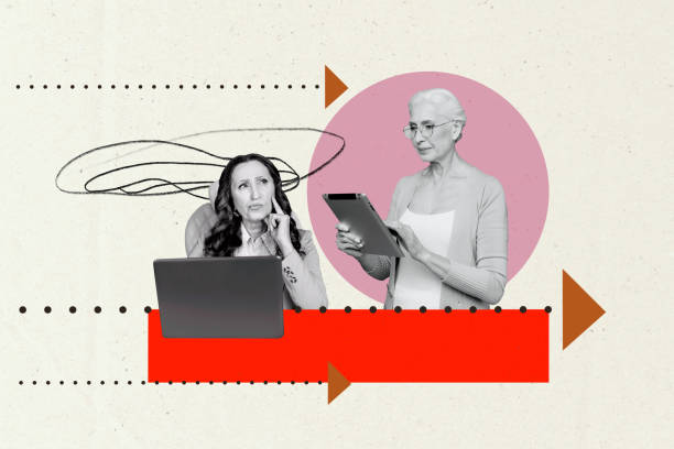 istock Composite photo collage of two minded old businesswoman surf ereader laptop work process arrow development isolated on painted background 2181900270