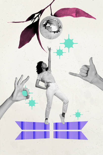 istock Composite trend artwork sketch image photo collage of copyspace young lady dance discoball hand gesture hang okay party nightclub music 2181901735