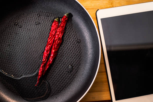 Red Chilli Peppers in a Frying Pan good photo