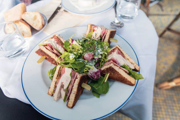 White plate with sliced chicken sandwiches and green salad