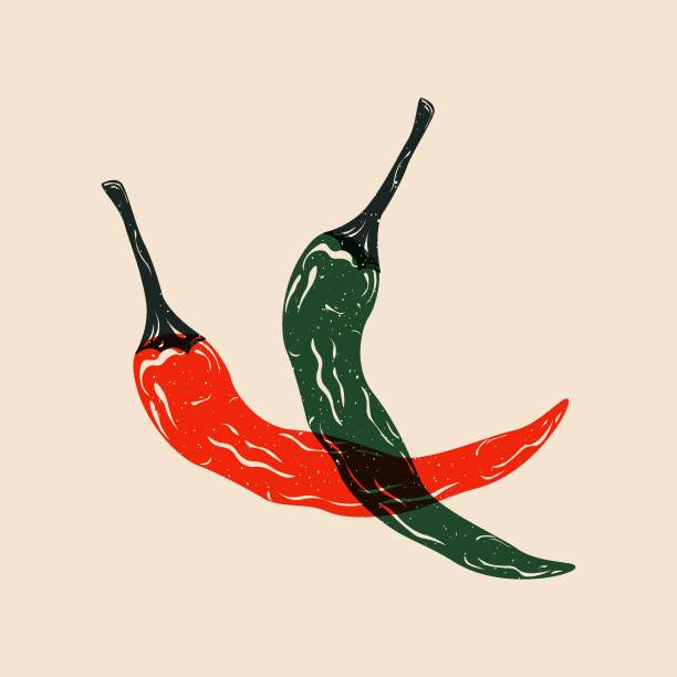Hot chili pepper. Cartoon red spicy vegetable riso print effect, fresh organic food risograph design, healthy vegan vegetarian diet ingredient flat style. Vector illustration Hot chili pepper. Cartoon red spicy vegetable riso print effect, fresh organic food risograph design, healthy vegan vegetarian diet ingredient flat style. Vector illustration. riso print stock illustrations