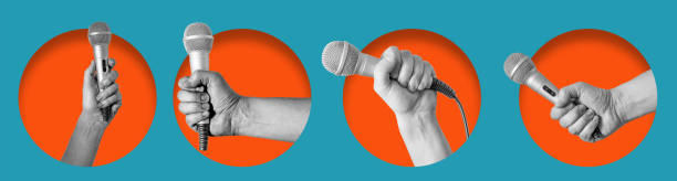 istock Modern art art collage showing hands with a microphone in an orange circle. 2181912488