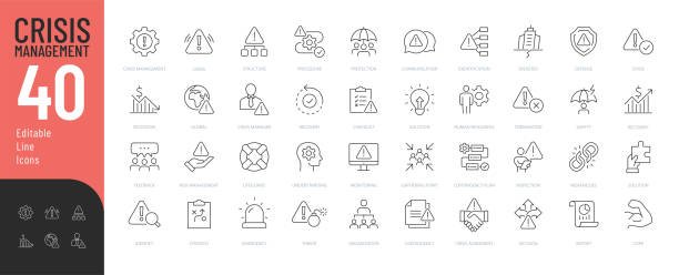 Crisis Management Line Editable Icons set. Vector illustration in modern thin line style of business related icons: protection, decision, strategy, and more. Pictograms and infographics for mobile apps crisis stock illustrations