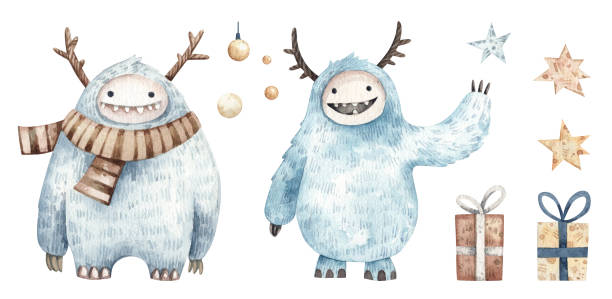 Cute funny yeti with winter scarf, festive baubles and Christmas presents Watercolor hand painted winter themed illustrations for Christmas design, postcards and greeting cards yeti cartoons stock illustrations