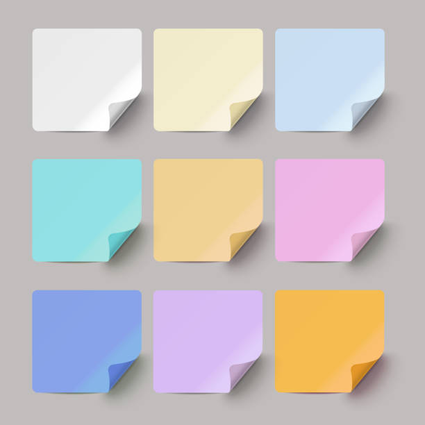 istock Set of square realistic color paper labels with three colors and adhesive tape on transparent background. 2181920148