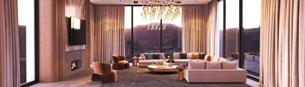 Chic living room featuring contemporary furniture and stunning mountain views through large windows, 3d rendering