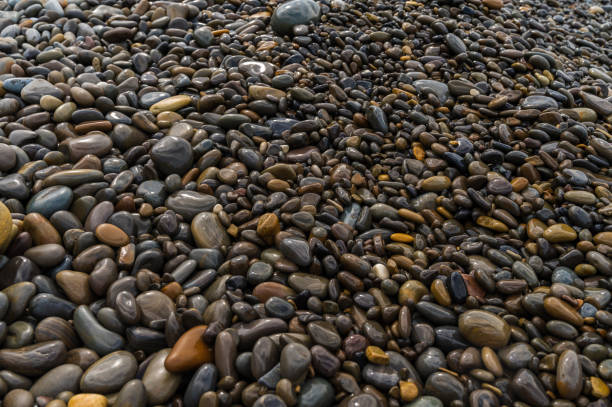 Wet sea pebbles close-up. Rocky beach on the sea, ocean, river, lake, pond. Natural background for design.