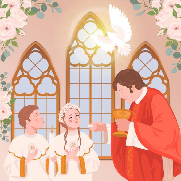 istock Children in the church during the first communion. The priest is holding bread. Vector illustration. A ceremony in the Christian tradition, a member of the church receives the Eucharist. 2181927333