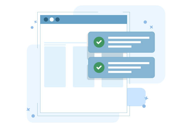 ilustraciones, imágenes clip art, dibujos animados e iconos de stock de concepto de notificación de éxito del sitio web con marca de verificación, lista de tareas actualizada web con marca de verificación en vector de dibujos animados planos de computadora portátil, verificación digital en línea de internet en informe d - tarea doméstica
