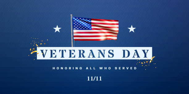 istock Veterans day banner with realistic national American flag 2181929557