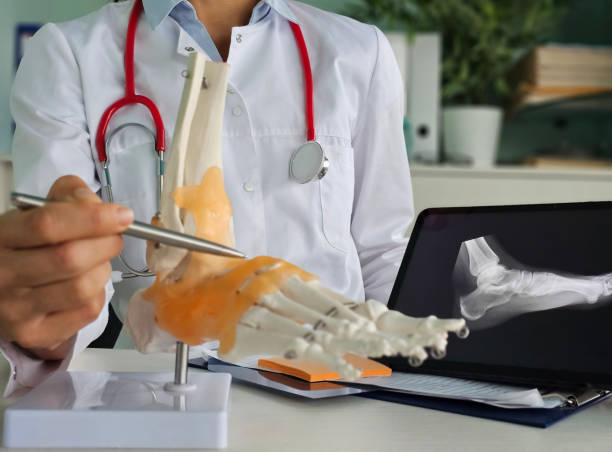 istock Doctor examining foot model while discussing x-ray in clinic 2181930120