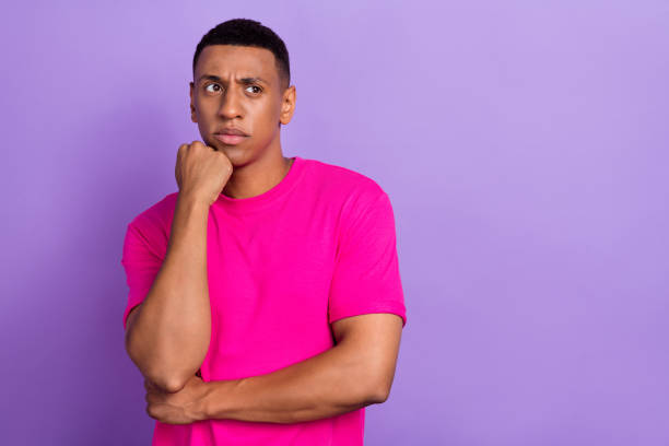 istock Portrait photo of young minded ponder deep think man student thinking about solution his problems looking empty space ad isolated on violet color background 2181930847