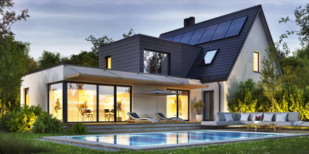 istock Modern house with pool and solar panels 2181931210