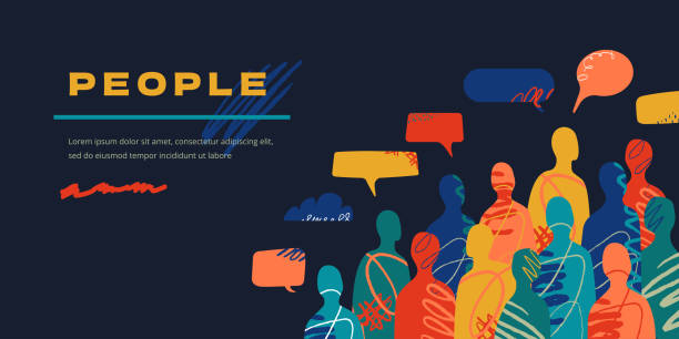 ein banner mit einer bunten menge abstrakter menschlicher silhouetten und konversationsblasen darüber. eine collage aus menschen und mit kratzlinien und kritzeleien. - zusammenhalt stock-grafiken, -clipart, -cartoons und -symbole