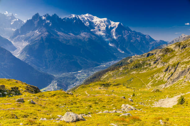 istock Mont Blanc, Monte Bianco mountain summit snow dome above the Chamonix valley in France. Highest peak in Europe in the Alps, alpice scenic view of Montblanc 2181938708