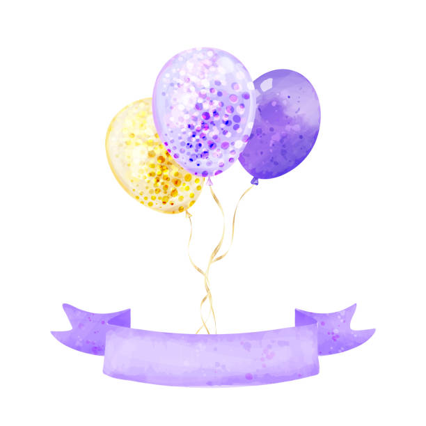 Purple and yellow balloons with ribbon banner Purple and yellow balloons with ribbon banner for invitations, congratulations, birthday, baby shower. Copy space watercolor hot air balloon stock illustrations