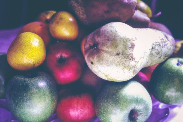 Still life of fresh fruit photographed in old analog technique