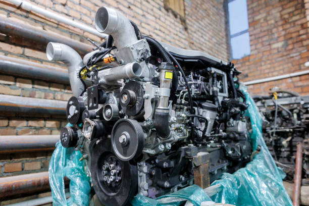 istock Closeup of a car engine wrapped in plastic inside a factory 2181942701